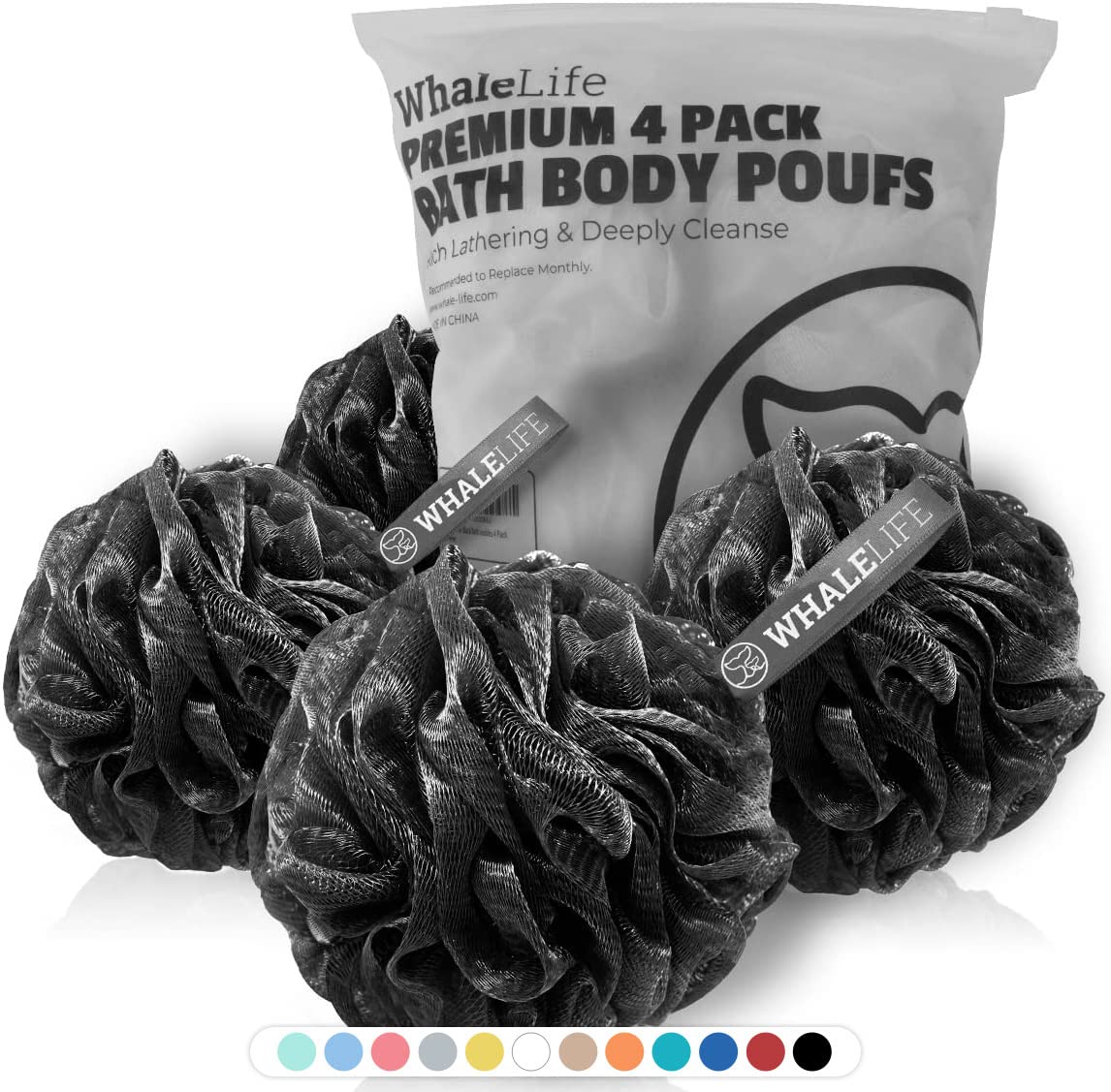 WhaleLife Bath Loofah Sponge for Shower - Body Scrubber 4-Pack Black