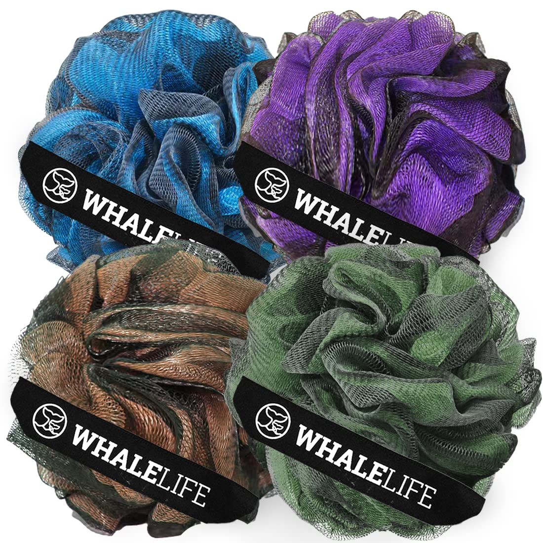 WhaleLife Bath Loofah Sponge for Shower - Body Scrubber 4-Pack Black