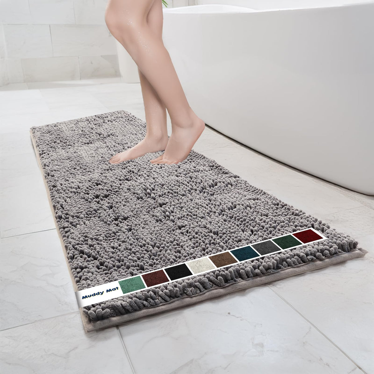 Muddy Mat Chenille Bathroom Rugs Quick Dry Microfiber Mats Non Slip Washable, Extra Thick, Soft and Highly Absorbent Bath Mats for Bathroom, Kitchen, and Shower Floor - Grey Medium 30"X19"