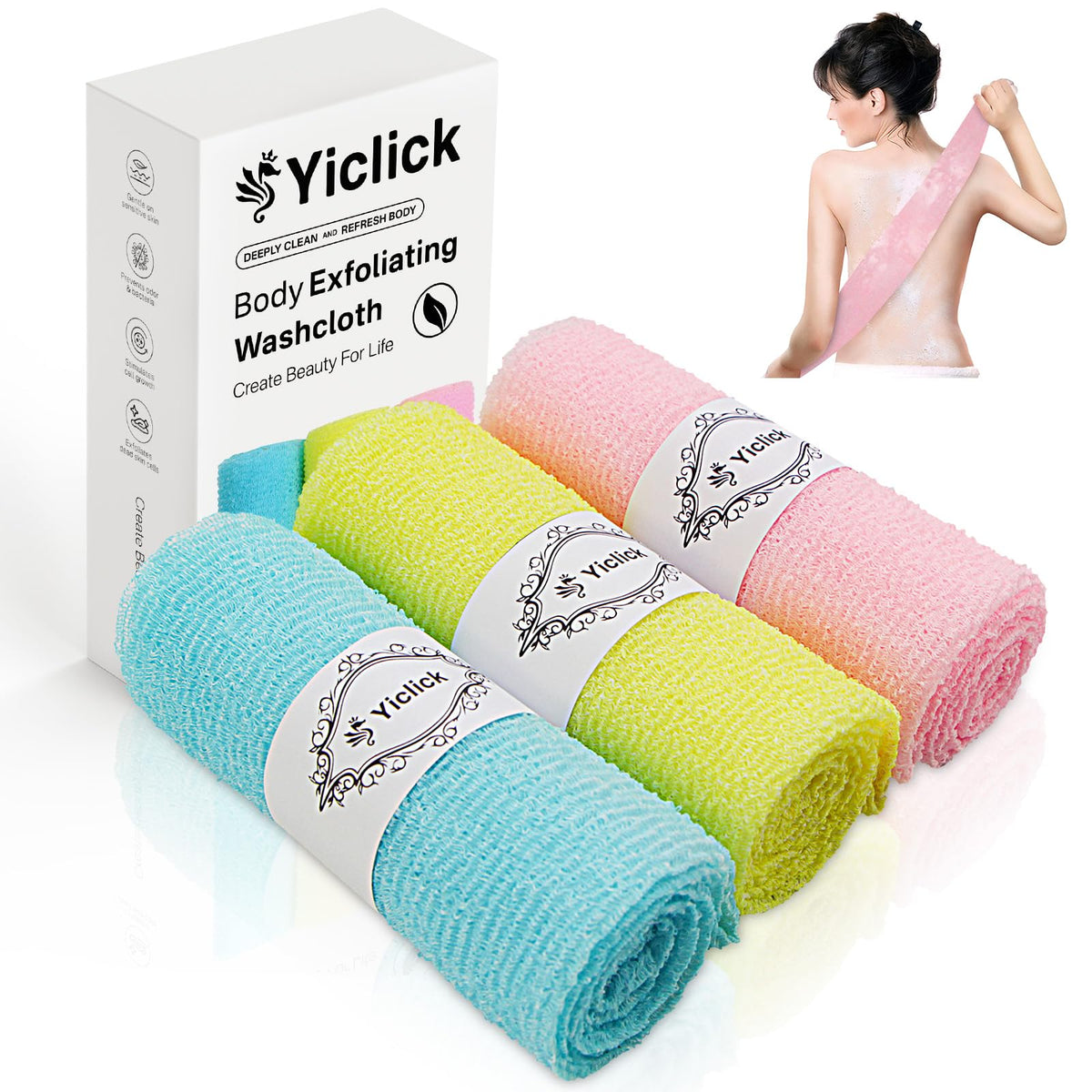 Yiclick Exfoliating Washcloth Towel, Japanese Exfoliating Wash Cloth, Korean Body Scrubber Exfoliator, Back Scrubber Washer for Shower Bath, Body Scrub African Net Sponge Loofah Luffa (Colors)