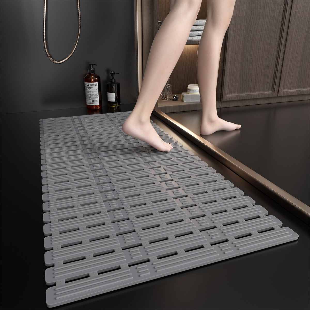 XIYUNTE Shower Mat Non Slip Bath Mat for Tub - 36 x 16 Inch Bathtub Mat Non Slip Shower Mat for Inside Shower, TPE Bath Mat with Powerful Suction Cup, Easy to Cut Bath Tub Mat, Grey