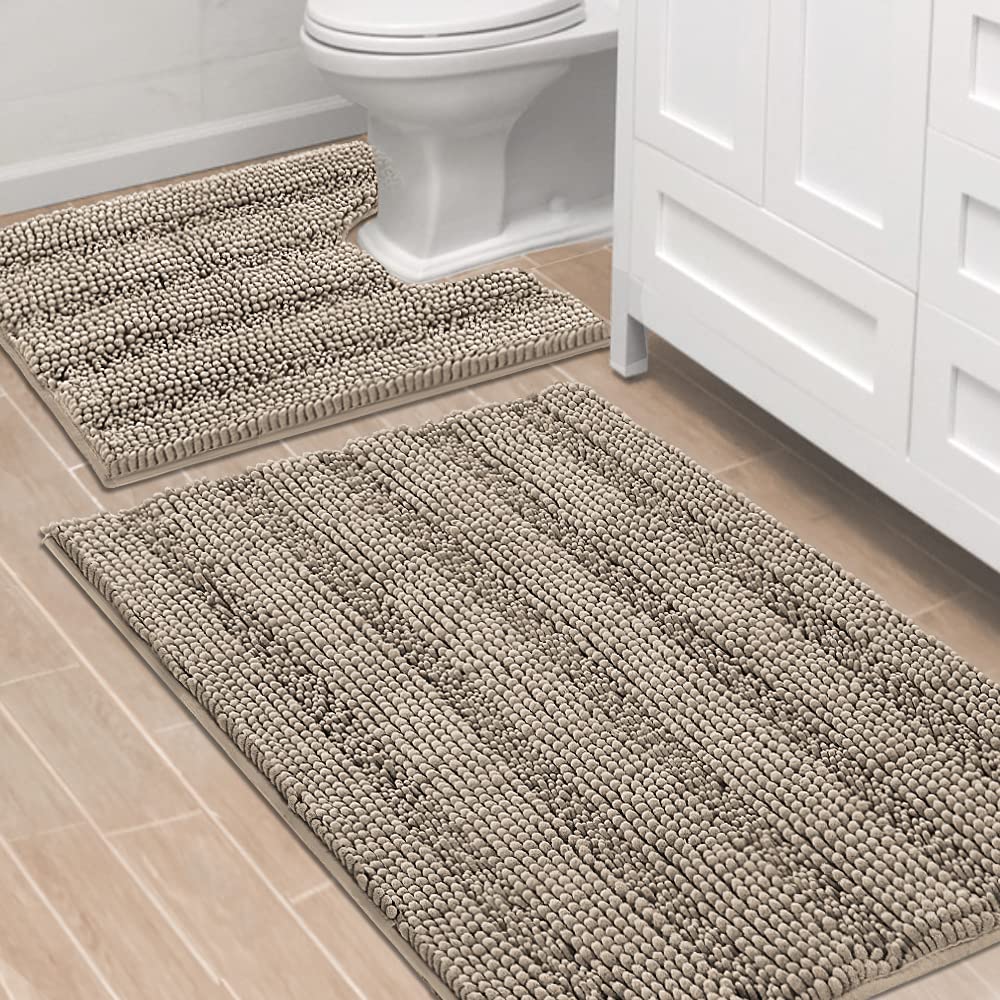 H.VERSAILTEX Grey Bathroom Rug Set Bath Mats, 2 Piece Bath Rugs Non Slip Thick Soft Chenille Striped Bath Rug Set, Bath Mats for Bathroom Sets (Grey, 20" x 32"/17" x 24")