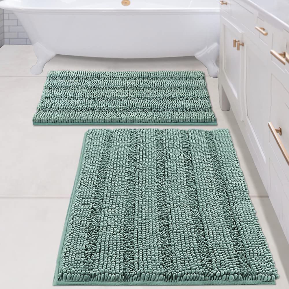 H.VERSAILTEX Grey Bathroom Rug Set Bath Mats, 2 Piece Bath Rugs Non Slip Thick Soft Chenille Striped Bath Rug Set, Bath Mats for Bathroom Sets (Grey, 20" x 32"/17" x 24")