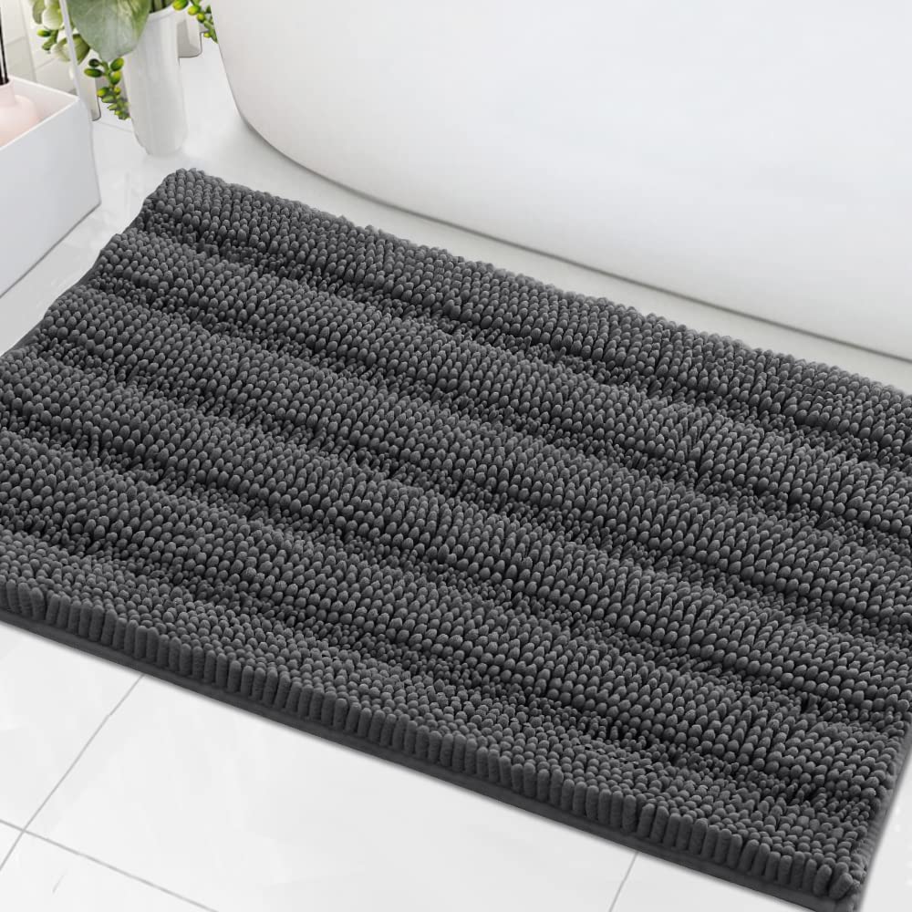 H.VERSAILTEX Grey Bathroom Rug Set Bath Mats, 2 Piece Bath Rugs Non Slip Thick Soft Chenille Striped Bath Rug Set, Bath Mats for Bathroom Sets (Grey, 20" x 32"/17" x 24")