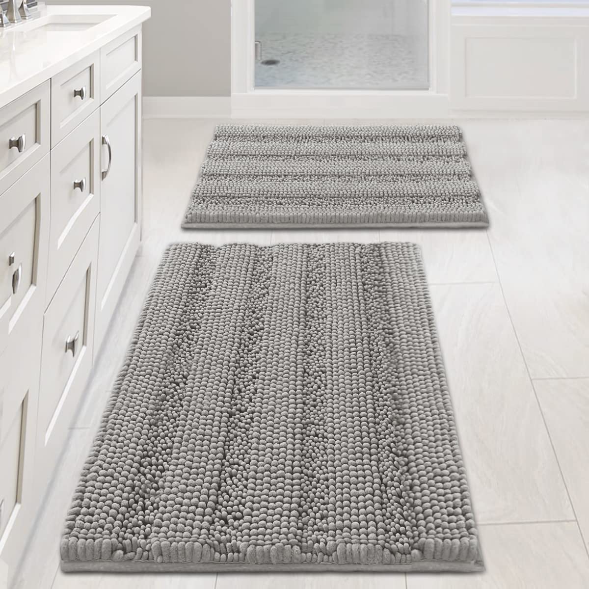 H.VERSAILTEX Grey Bathroom Rug Set Bath Mats, 2 Piece Bath Rugs Non Slip Thick Soft Chenille Striped Bath Rug Set, Bath Mats for Bathroom Sets (Grey, 20" x 32"/17" x 24")
