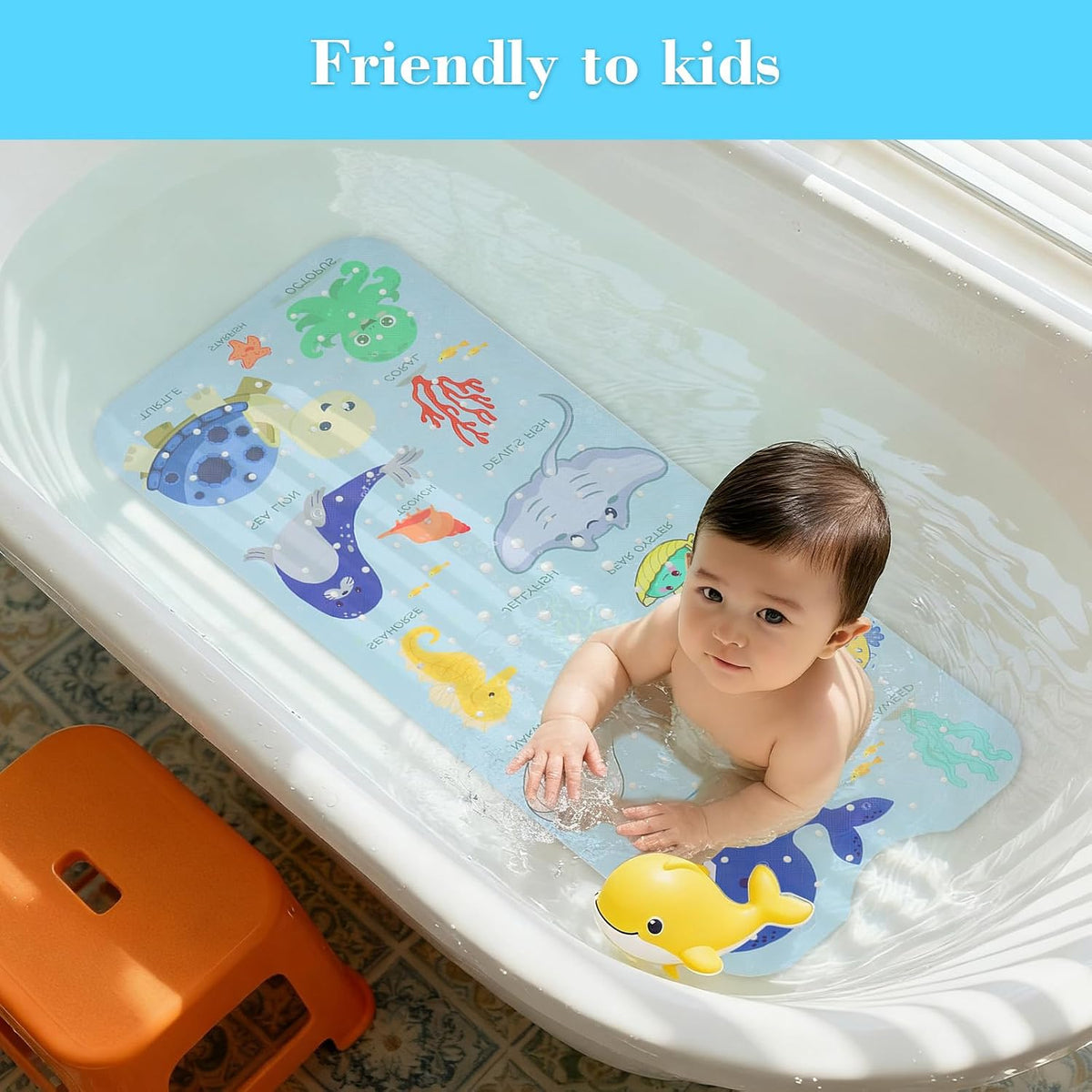Secopad Bathtub Mat Non Slip, Cute Tub Mat, 40" x 16", Blue Sea Animals