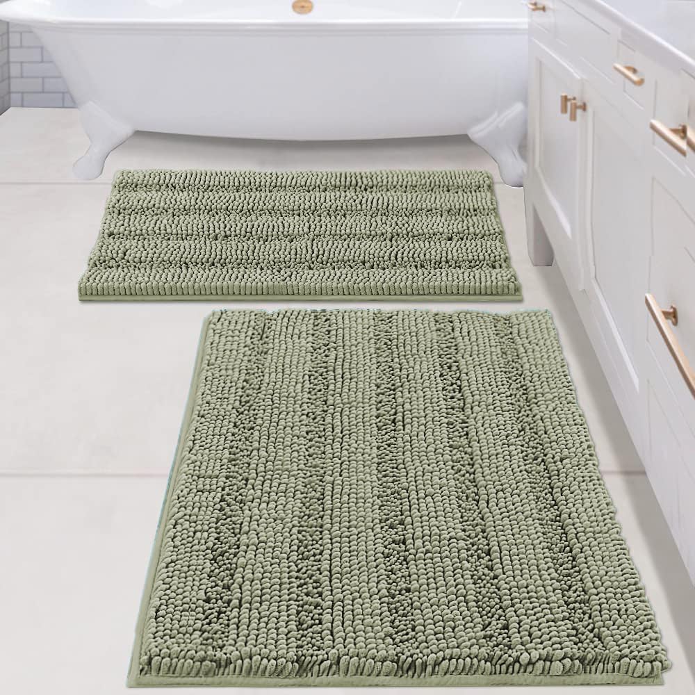 H.VERSAILTEX Grey Bathroom Rug Set Bath Mats, 2 Piece Bath Rugs Non Slip Thick Soft Chenille Striped Bath Rug Set, Bath Mats for Bathroom Sets (Grey, 20" x 32"/17" x 24")