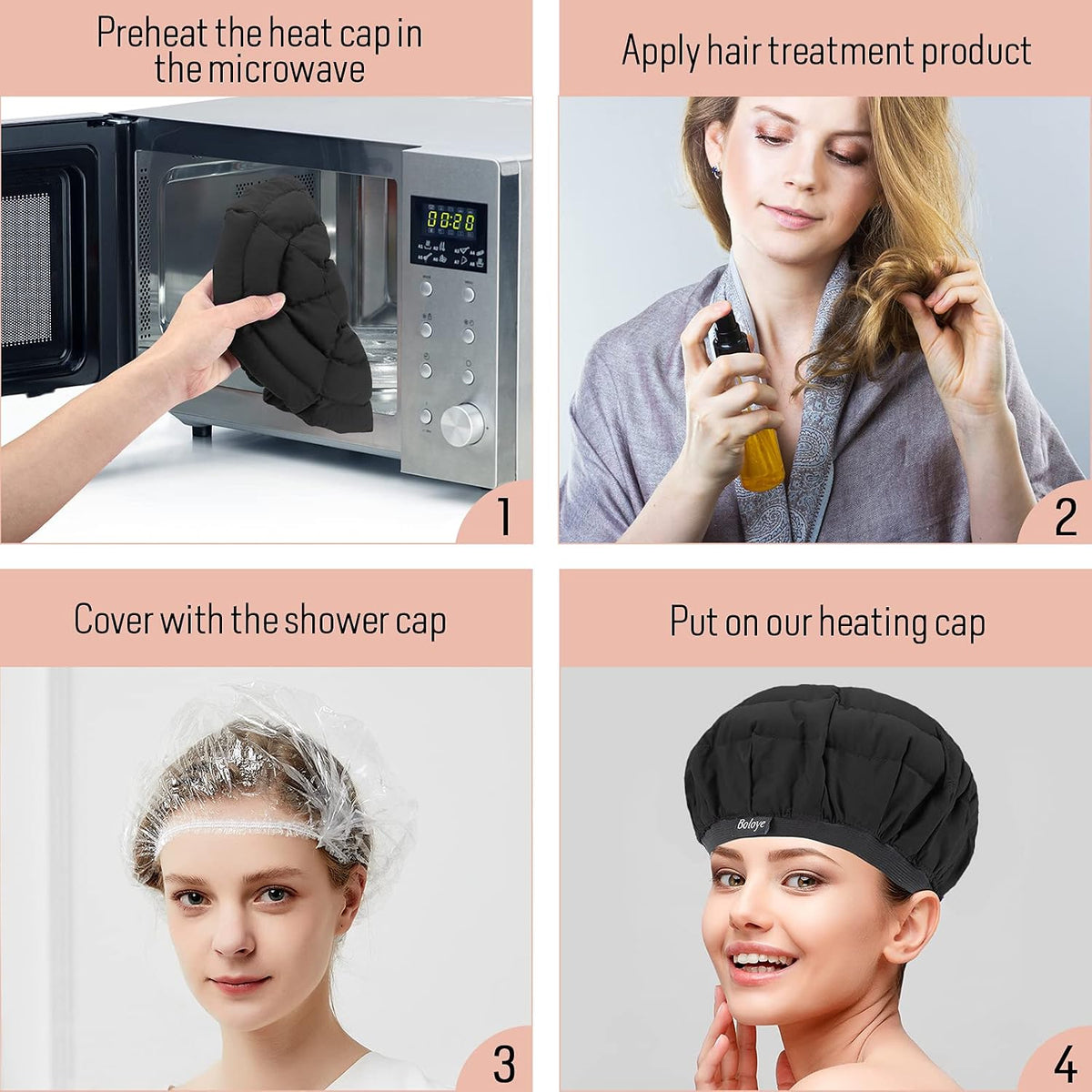 Flaxseed Deep Conditioning Heat Cap - Boloye Cordless 100% Safe Microwave Hot Cap for Natural Curly Textured Hair Care, Drying, Styling, Curling, Universal size (10 PCS One-time shower cap) (Black)