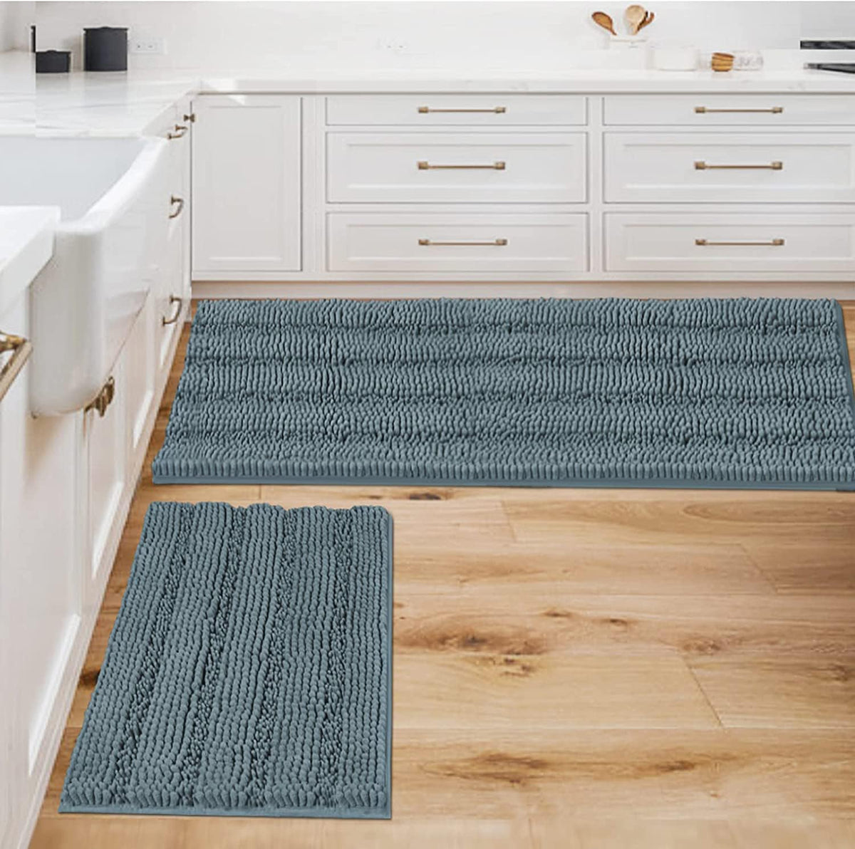 H.VERSAILTEX Grey Bathroom Rug Set Bath Mats, 2 Piece Bath Rugs Non Slip Thick Soft Chenille Striped Bath Rug Set, Bath Mats for Bathroom Sets (Grey, 20" x 32"/17" x 24")