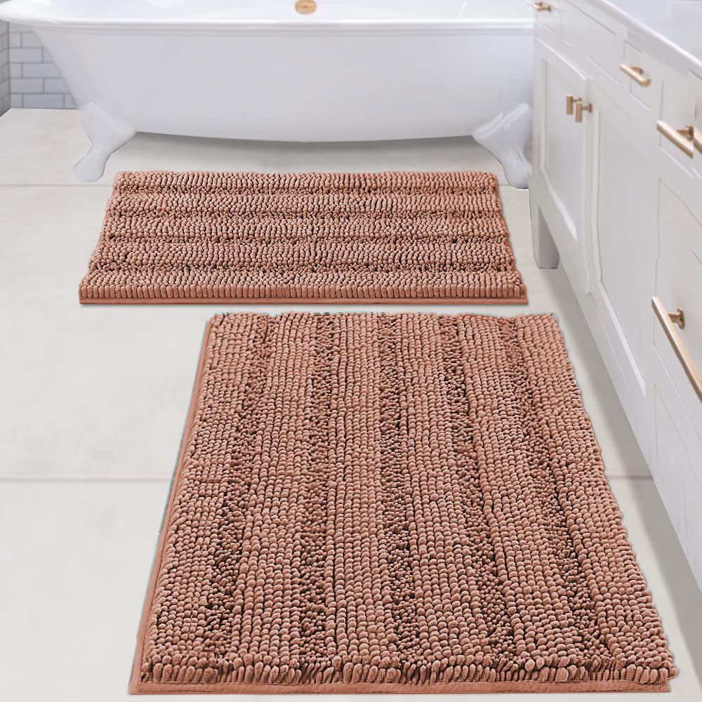 H.VERSAILTEX Grey Bathroom Rug Set Bath Mats, 2 Piece Bath Rugs Non Slip Thick Soft Chenille Striped Bath Rug Set, Bath Mats for Bathroom Sets (Grey, 20" x 32"/17" x 24")