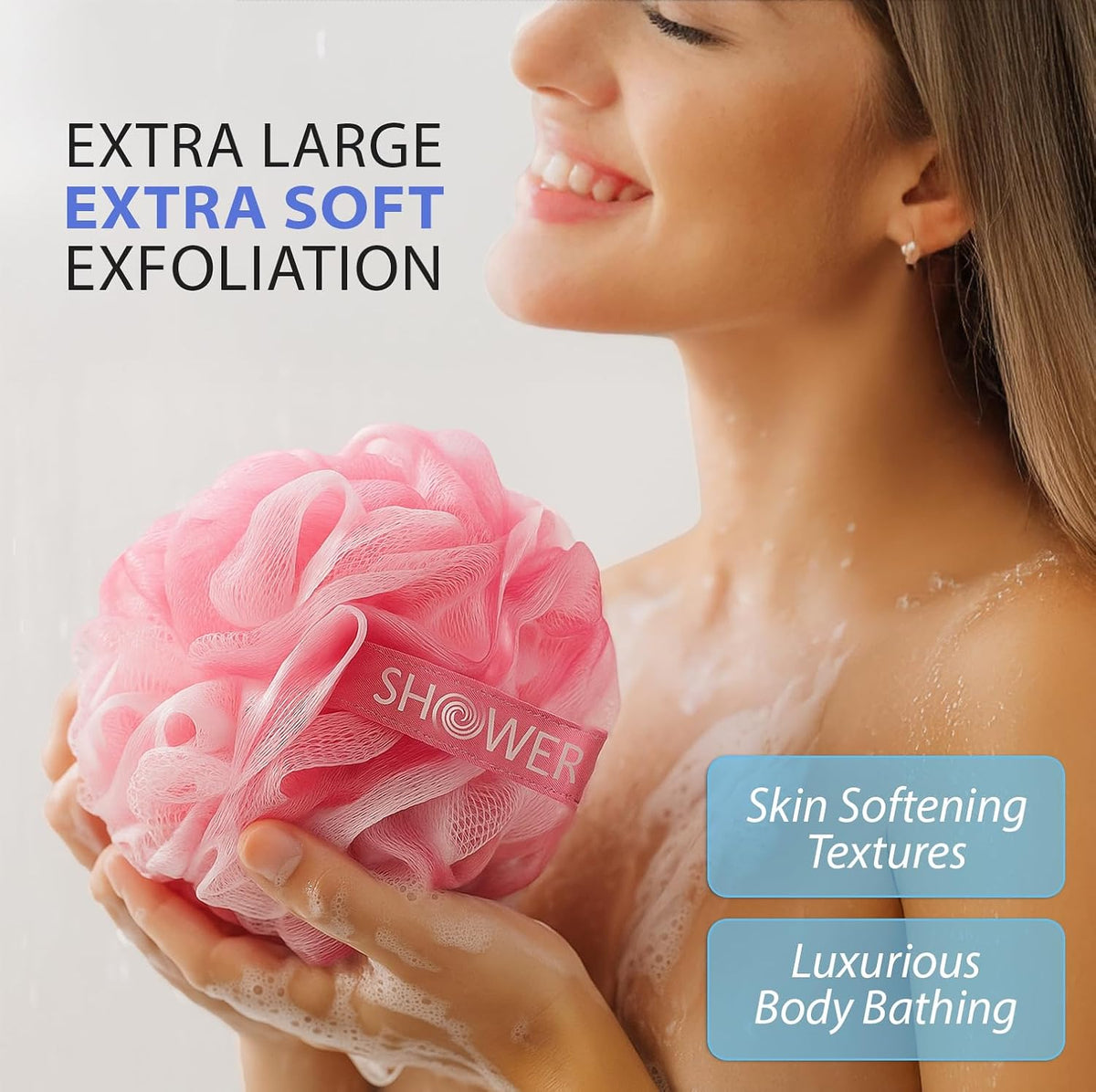 SHOWER BOUQUET Pink-Loofah Bath-Sponge XL 4-Pack // Extra Large 75g