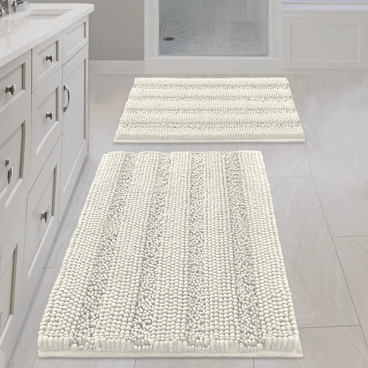H.VERSAILTEX Grey Bathroom Rug Set Bath Mats, 2 Piece Bath Rugs Non Slip Thick Soft Chenille Striped Bath Rug Set, Bath Mats for Bathroom Sets (Grey, 20" x 32"/17" x 24")