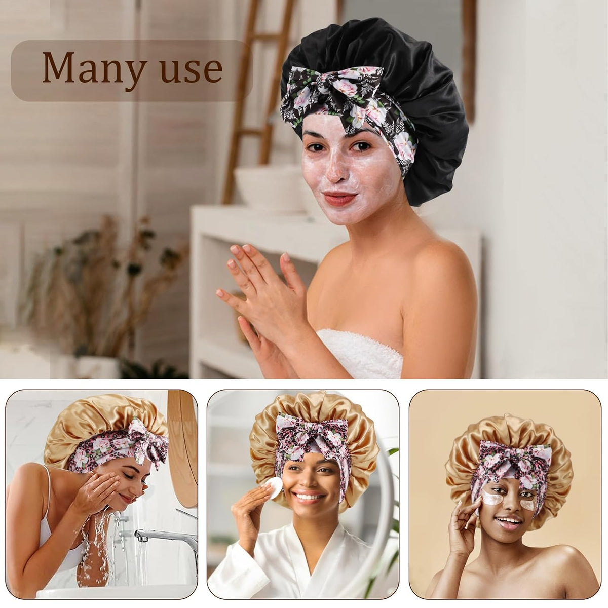 2Pcs Satin Bonnet with Tie Band for Sleeping, Champagne Gold+Black