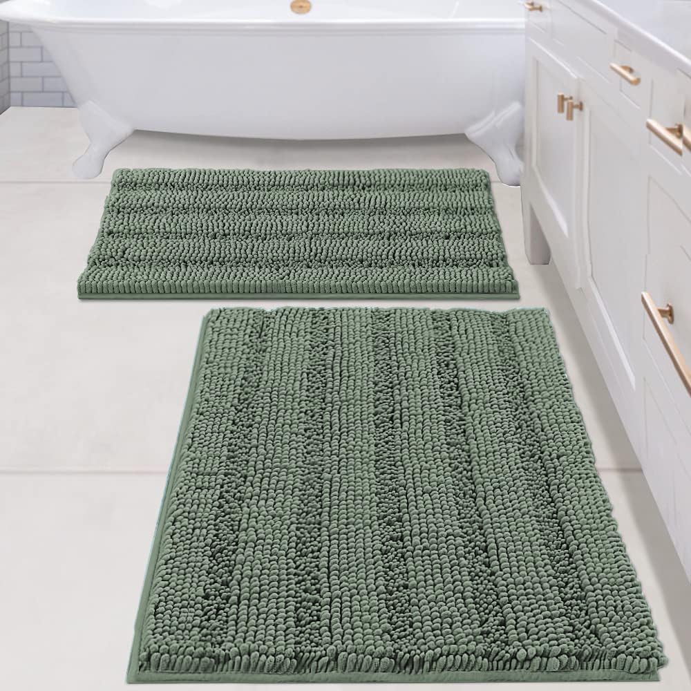 H.VERSAILTEX Grey Bathroom Rug Set Bath Mats, 2 Piece Bath Rugs Non Slip Thick Soft Chenille Striped Bath Rug Set, Bath Mats for Bathroom Sets (Grey, 20" x 32"/17" x 24")