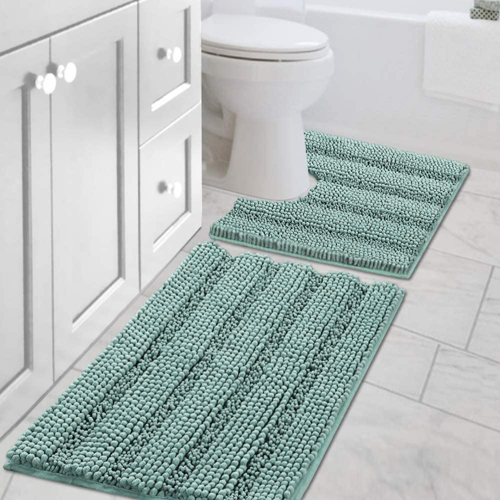 H.VERSAILTEX Grey Bathroom Rug Set Bath Mats, 2 Piece Bath Rugs Non Slip Thick Soft Chenille Striped Bath Rug Set, Bath Mats for Bathroom Sets (Grey, 20" x 32"/17" x 24")