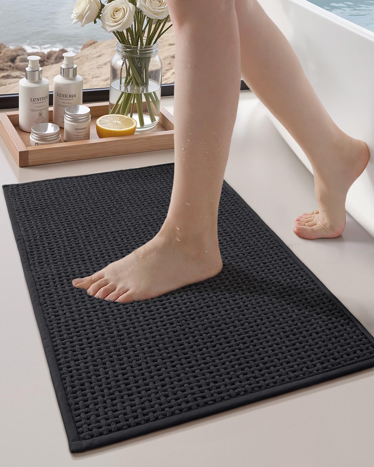 Color&Geometry Beige 30x17 Waffle Bath Mat, Rubber Non Slip Bathroom Rug