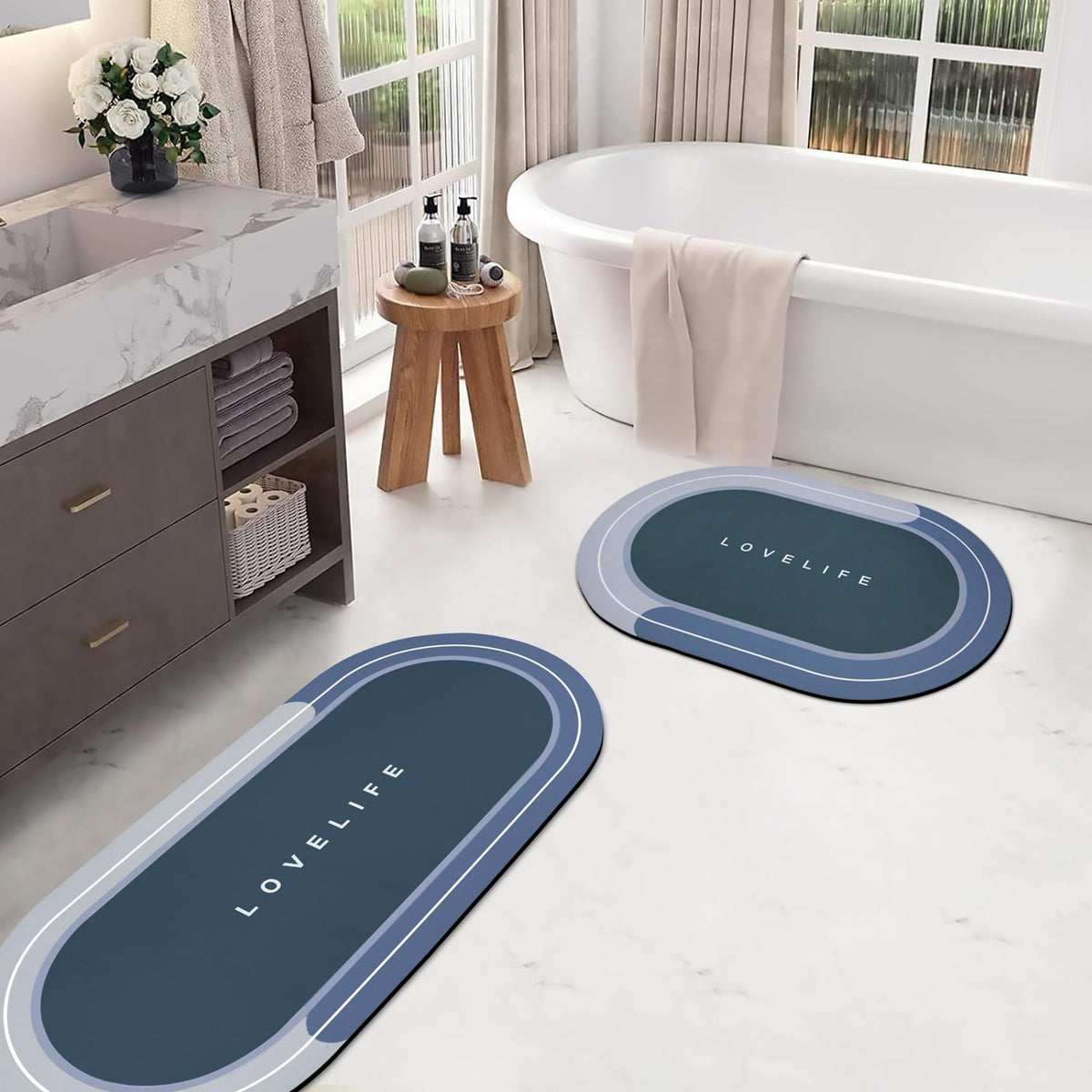 Rubber Bath mats Quick-Drying Non-Slip Bathroom mat Super Absorbent Bath mat Instant Dry Bath mat, Bathroom Rug in Front of The Kitchen Sink, Shower Room, Bathtub, Oval(Grey+16.9x26.7in)