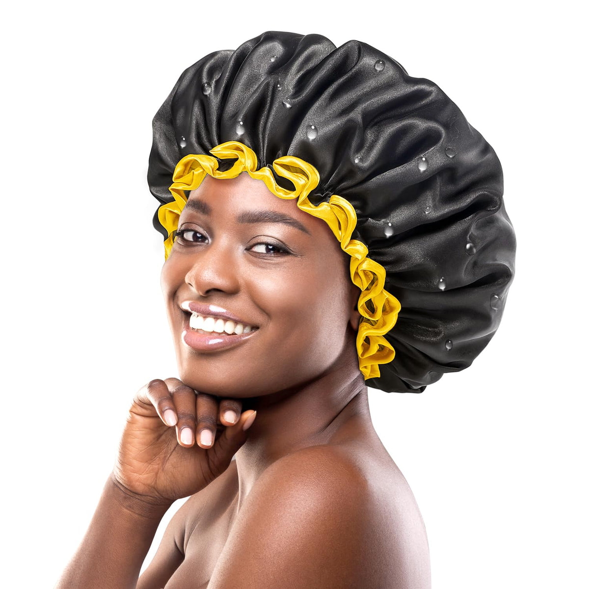 mikimini Extra Large Black Shower Caps Pack of 2 for Women and Men Thick Long Hair Braids, Reusable Waterproof Double Layers XL Bathing Hair Cap with Vibrant Orange Edge (Black)