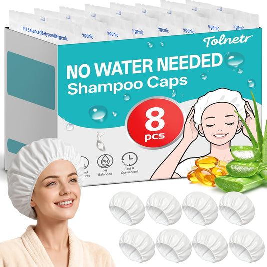 Tolnetr 8 Pack Shampoo Caps No Water Rinse Microwavable | Waterless Rinse Free Shampoo Cap Hair Washing for Bedridden Patients Post-Surgery Elderly Care, Camping | PH Balanced, Portable, Easy to Use