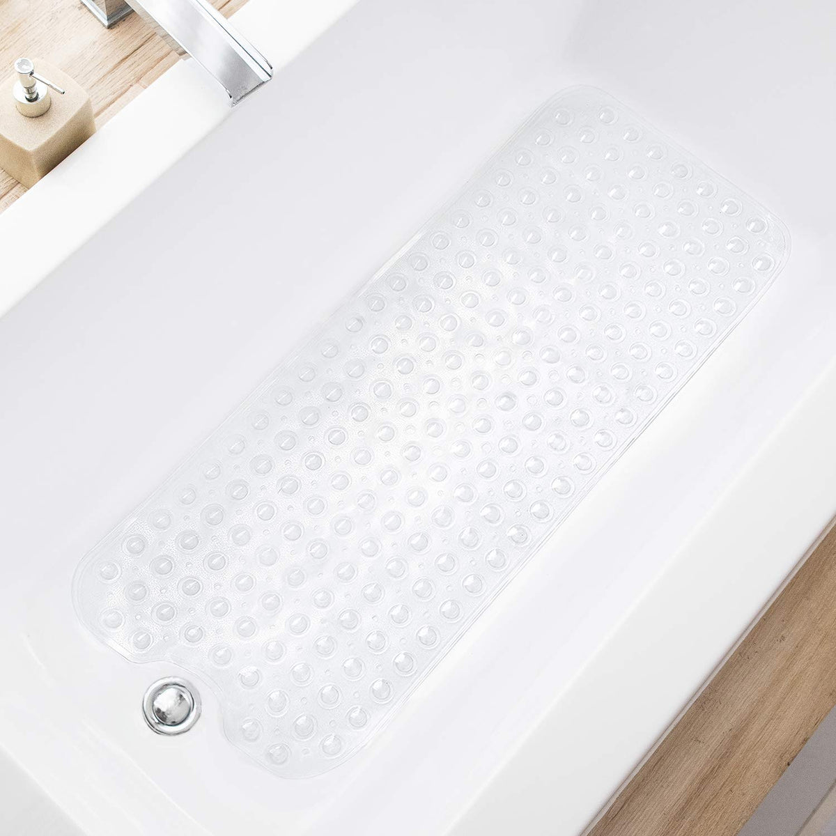 TEESHLY Bath Tub and Shower Mats, Non-Slip 39 x 16 Inch Extra Long Bathtub Mat, Machine Washable BathMat with Drain Holes, Suction Cups for Bathroom (Opaque White)