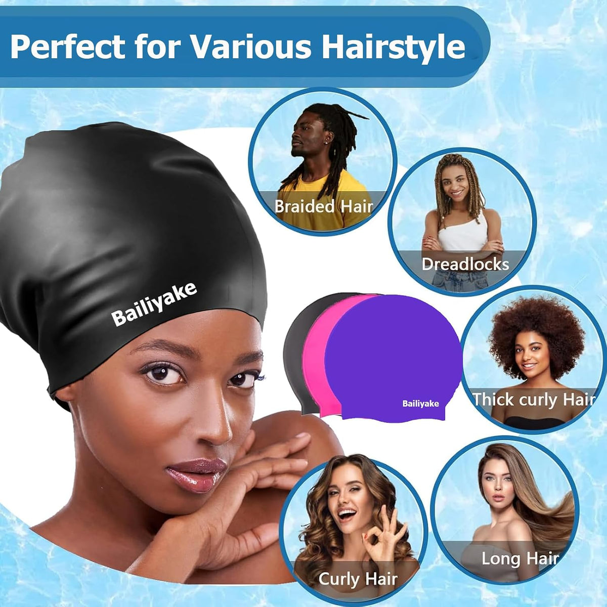 3 Pack Extra Large Swim Cap for Braids & Dreadlocks - Waterproof Silicone Swim Hat for Women with Long Thick Hair, Protective Swim Cap Cover Ears for Swimming, Shower, Bathing