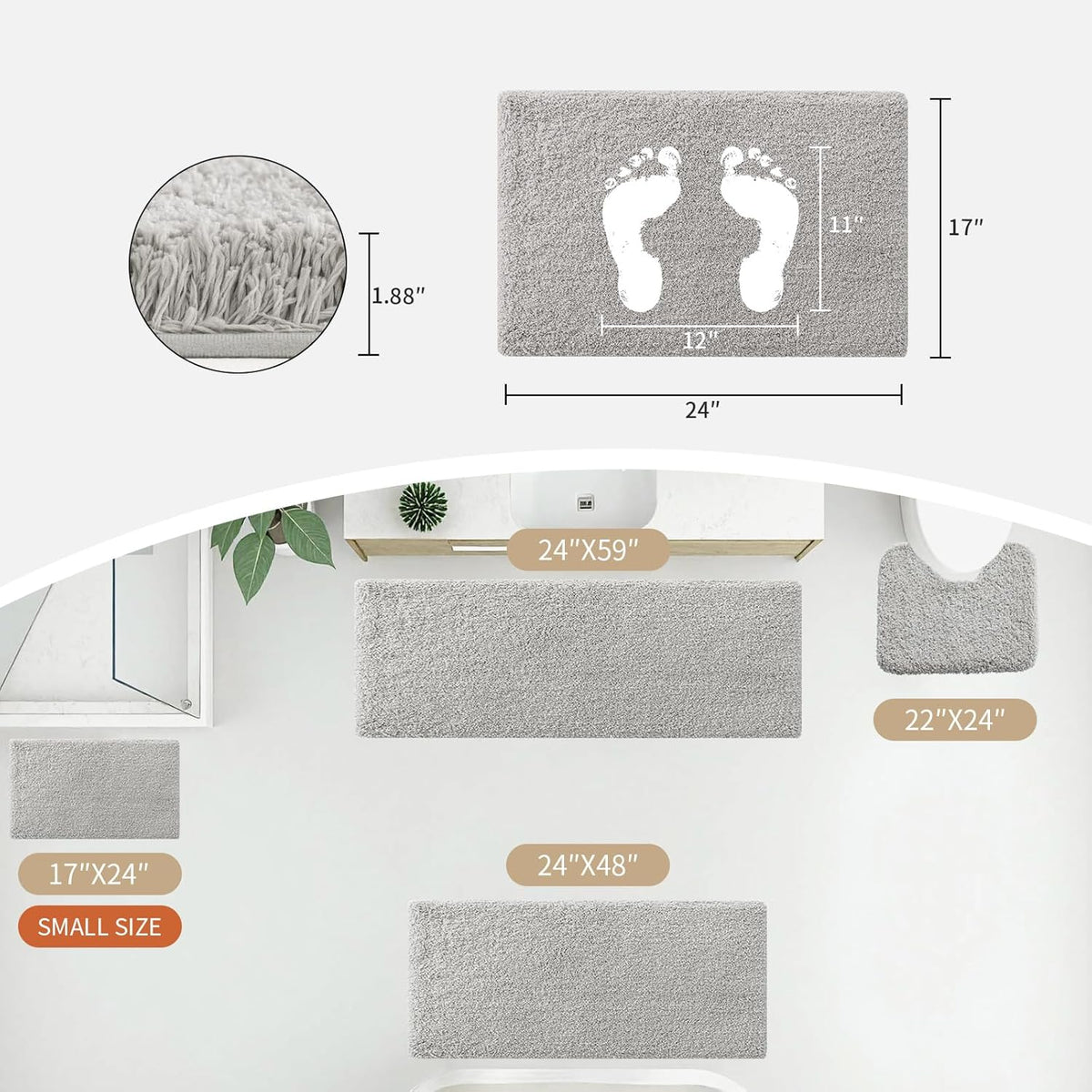 Disolla Gray Bathroom Rugs 17x24, Microfiber Non-Slip Plush Small Bath Mat