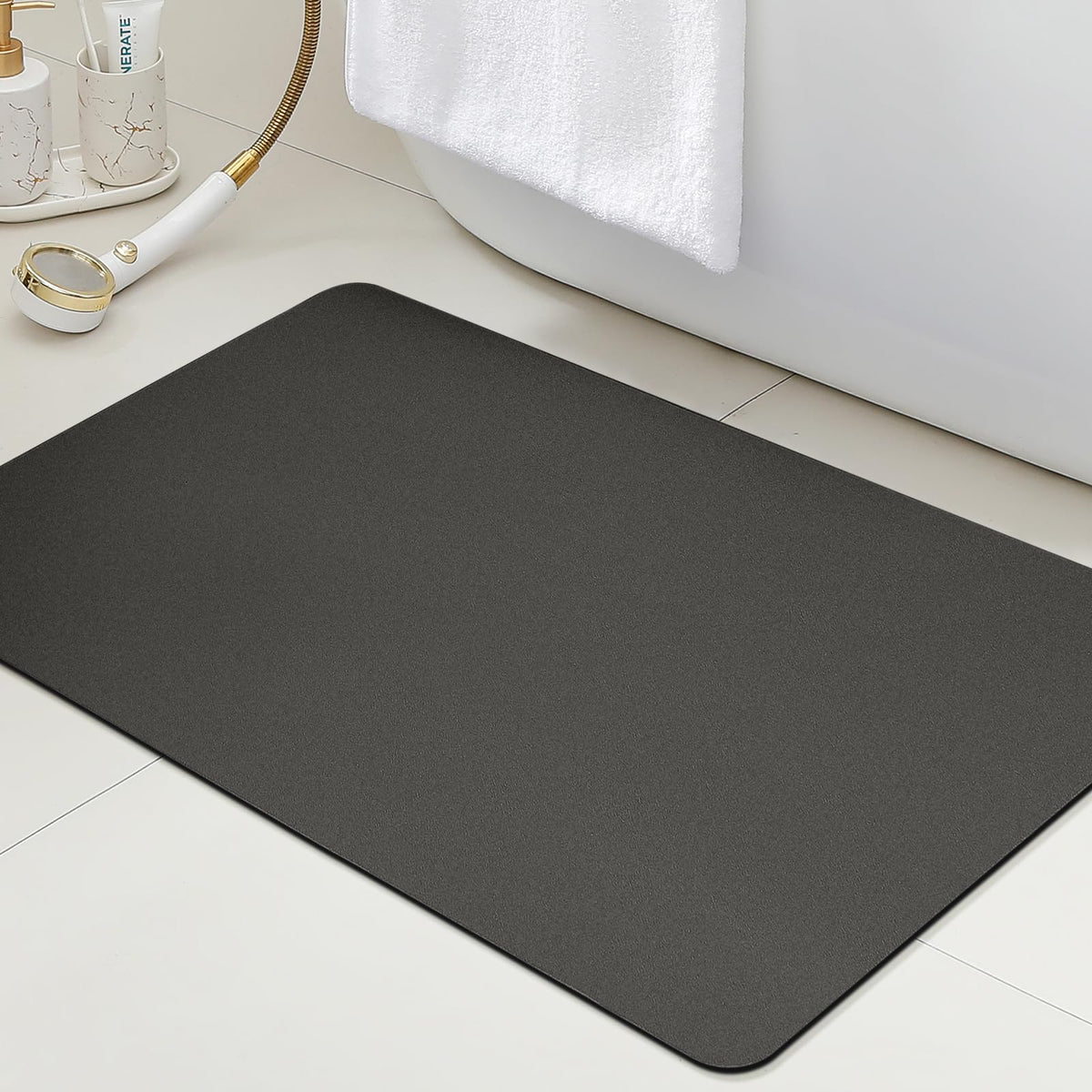 ACCUMTEK Non Slip Bath Mat, Thin Bathroom Rugs Fit Under Door, Quick Dry Bath Mats, Machine Washable Bath Rugs for Bathroom, Bathtub & Kitchen, Grey/Bordered/24 x17