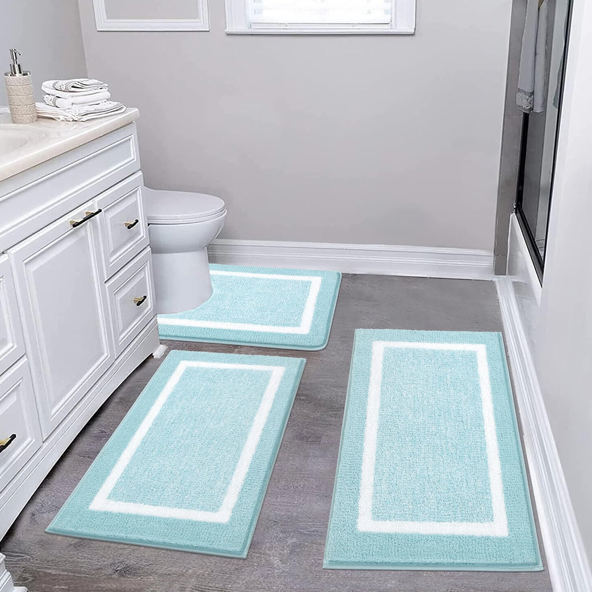 Pauwer Bathroom Rugs 3 Piece Set, Non Slip Washable Bath Mat, Dark Grey