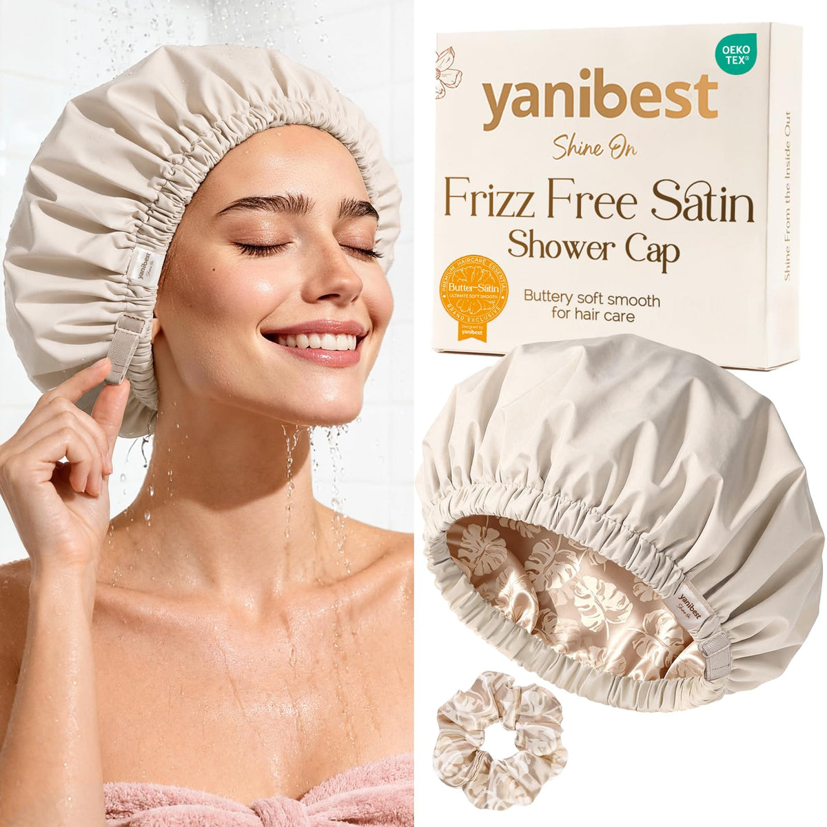 Yanibest Adjustable Satin Lined Shower Caps with Scrunchie