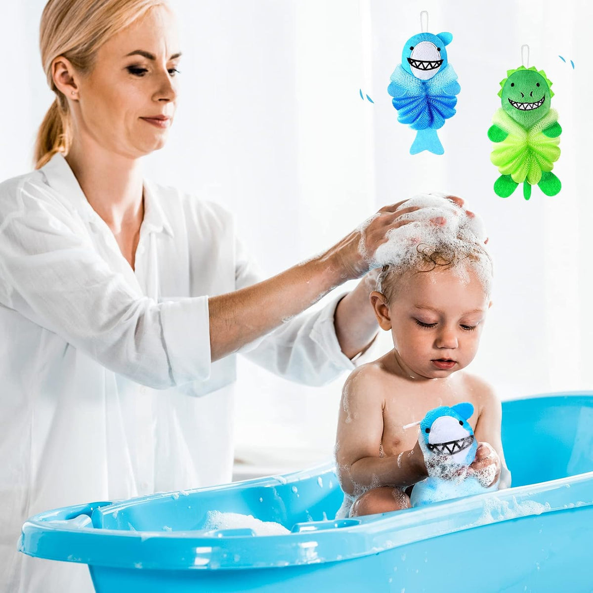 Nuenen 2 Pcs Kids Bath Loofahs, Shark, Monster