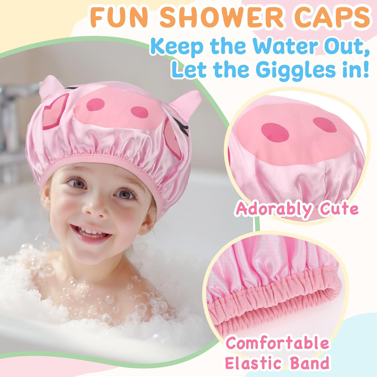 kilofly 4pc Fun Cute Animal Shower Caps for Kids Reusable Waterproof Bath Hat Set