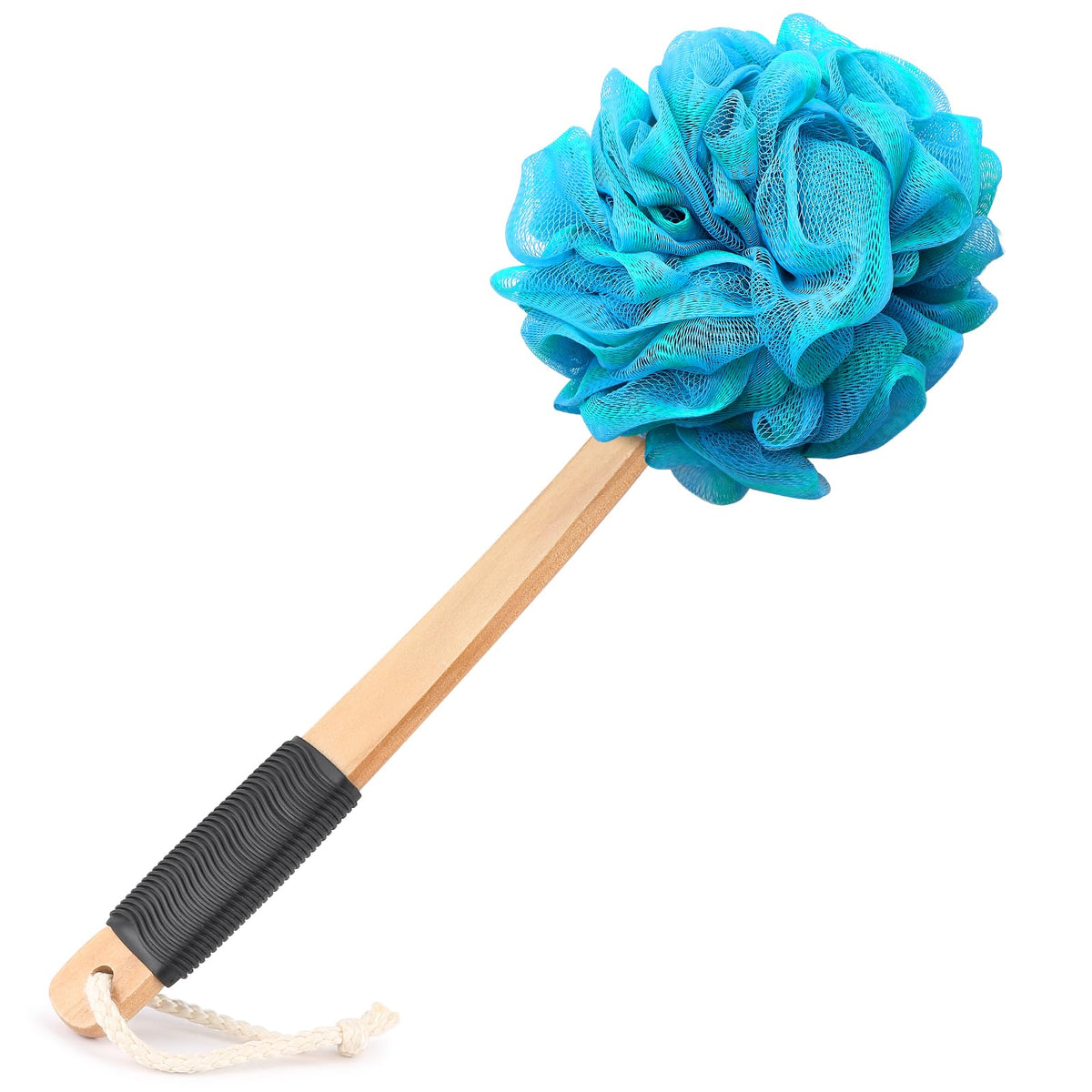 FORENEE Black Loofah on a Stick, PE Mesh Back Scrubber with Wood Handle