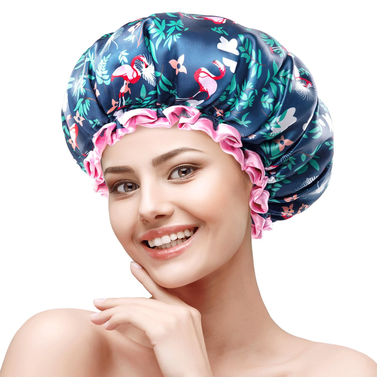mikimini Large Shower Cap for Women Long Hair, 2 Pack,Flamingo Shower Caps with Pink Lace, Double-layer Waterproof, Reusable, Washable,X-Large (Pack of 2)