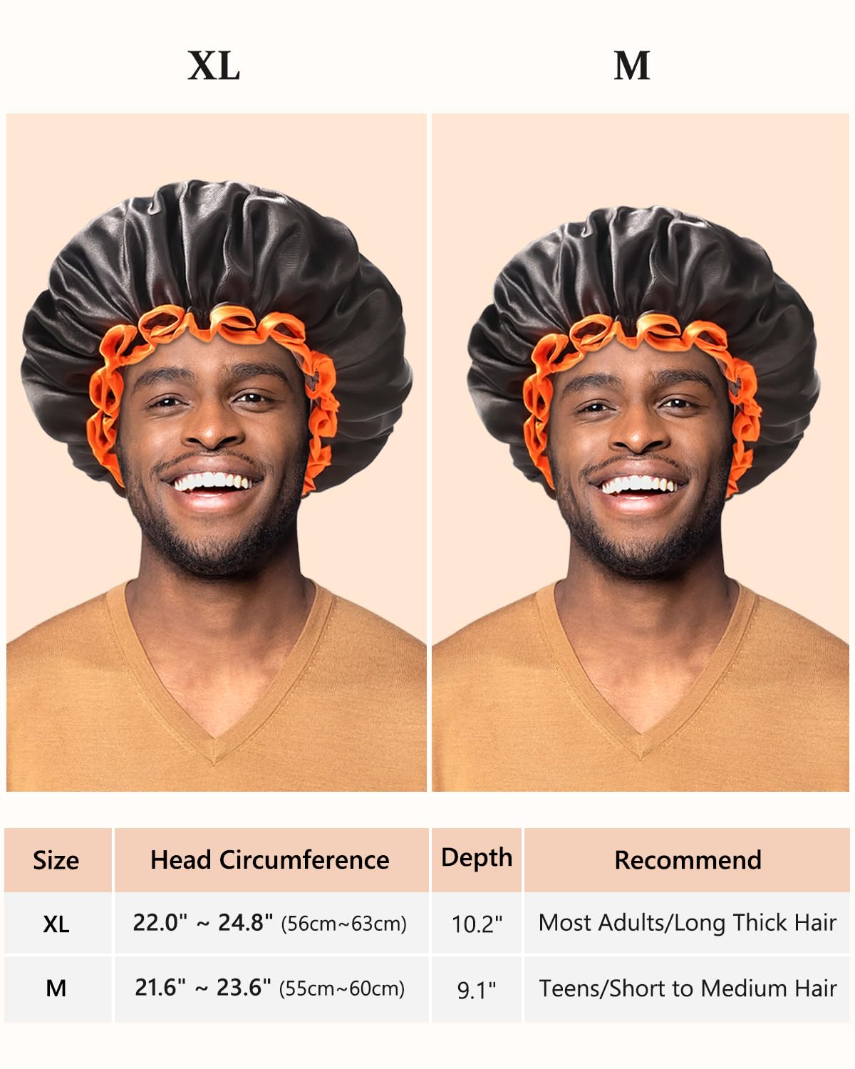 mikimini Extra Large Black Shower Caps Pack of 2 for Women and Men Thick Long Hair Braids, Reusable Waterproof Double Layers XL Bathing Hair Cap with Vibrant Orange Edge (Black)