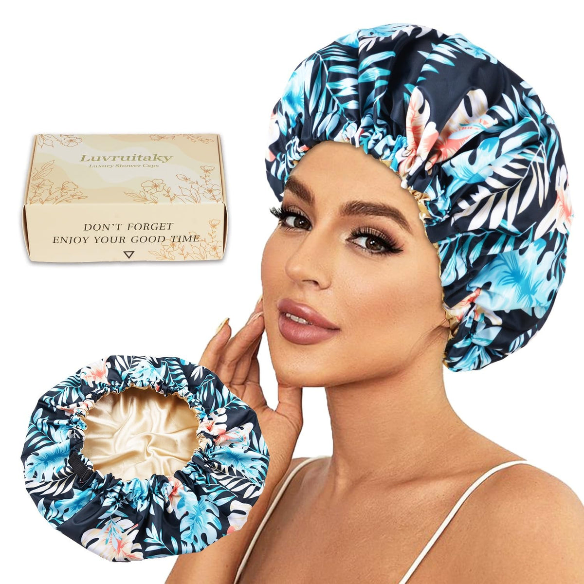 2Pcs Shower Caps for Women Shower Cap Reusable Waterproof Hair Cap for Shower with Adjustable Bowknot Luxury Bath Cap for Women (Black Dot & Pink Dot)