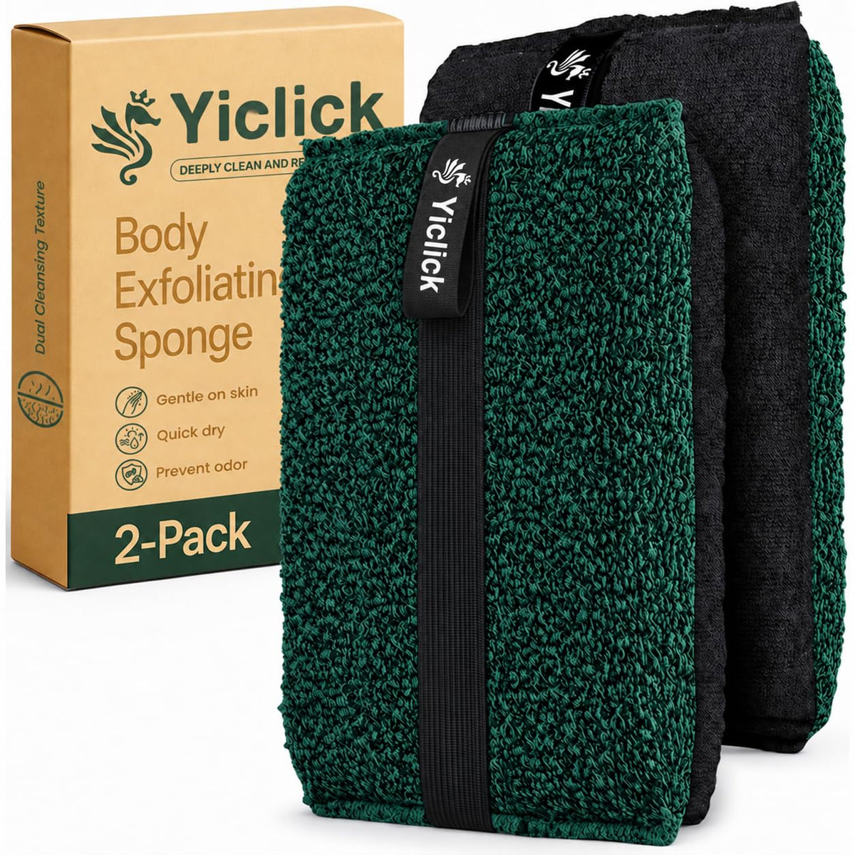 Yiclick Exfoliating Body Scrubber (2 Pack), Body Scrubber Exfoliator, Exfoliating Sponge for Shower Bath, Shower Loofah Luffa Lufa with Handle for Men Women, Dead Skin Exfoliator for Body Scrub