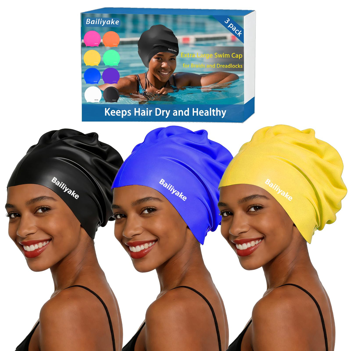 3 Pack Extra Large Swim Cap for Braids & Dreadlocks - Waterproof Silicone Swim Hat for Women with Long Thick Hair, Protective Swim Cap Cover Ears for Swimming, Shower, Bathing