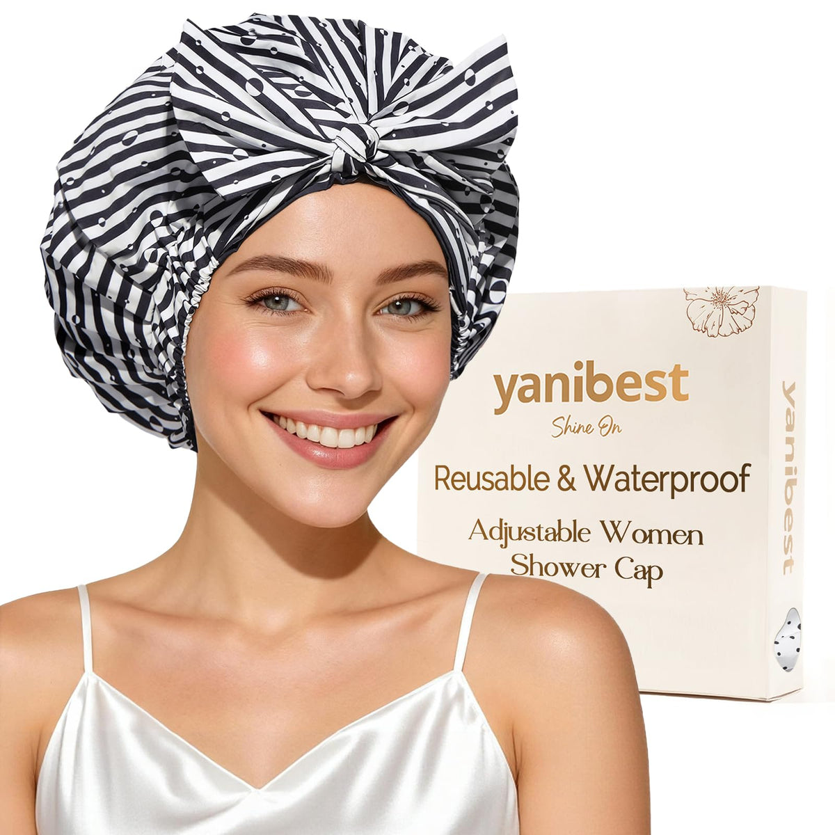 Yanibest Shower Cap for Women Reusable Waterproof, Adjustable Hair Cap