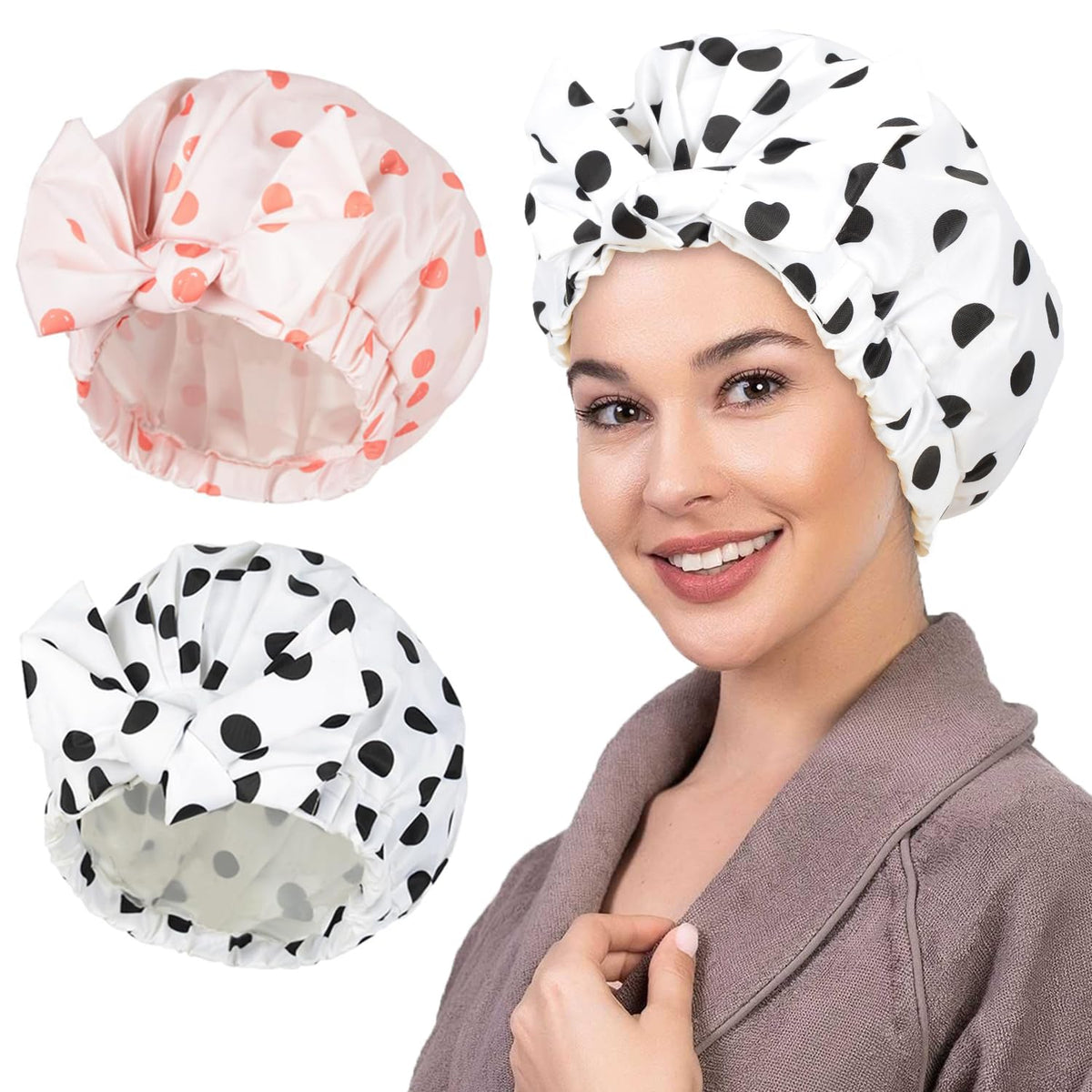 2Pcs Shower Caps for Women Shower Cap Reusable Waterproof Hair Cap for Shower with Adjustable Bowknot Luxury Bath Cap for Women (Black Dot & Pink Dot)