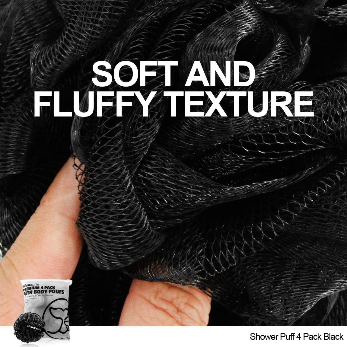 WhaleLife Bath Loofah Sponge for Shower - Body Scrubber 4-Pack Black