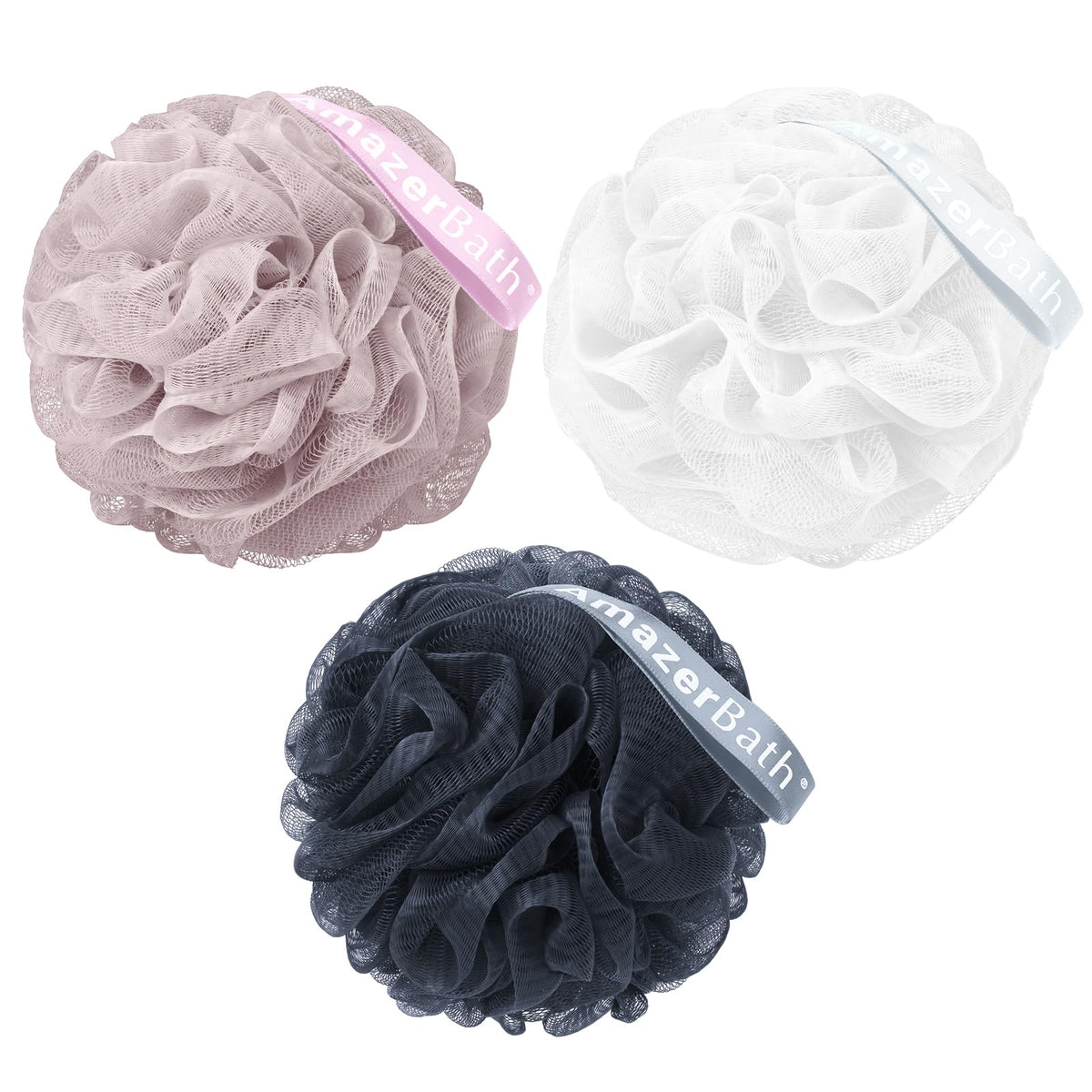 AmazerBath Loofah Sponge, Shower Loofah for Men and Women - Body Scrubber Loofa Set of 3 Classic Black & White Edge, Bath Sponge 60g/PCS