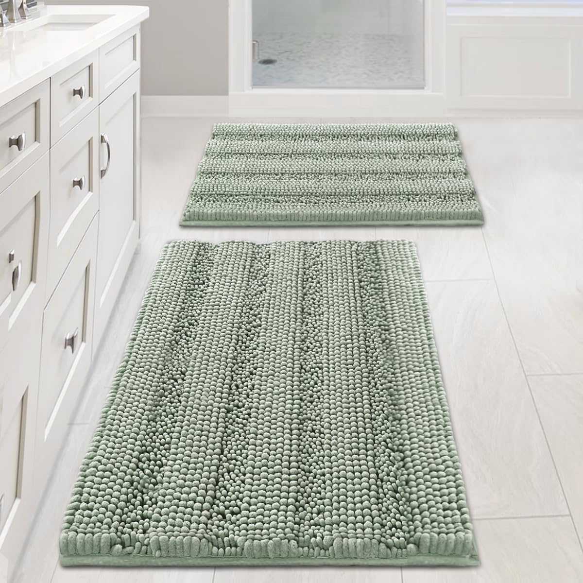 H.VERSAILTEX Grey Bathroom Rug Set Bath Mats, 2 Piece Bath Rugs Non Slip Thick Soft Chenille Striped Bath Rug Set, Bath Mats for Bathroom Sets (Grey, 20" x 32"/17" x 24")