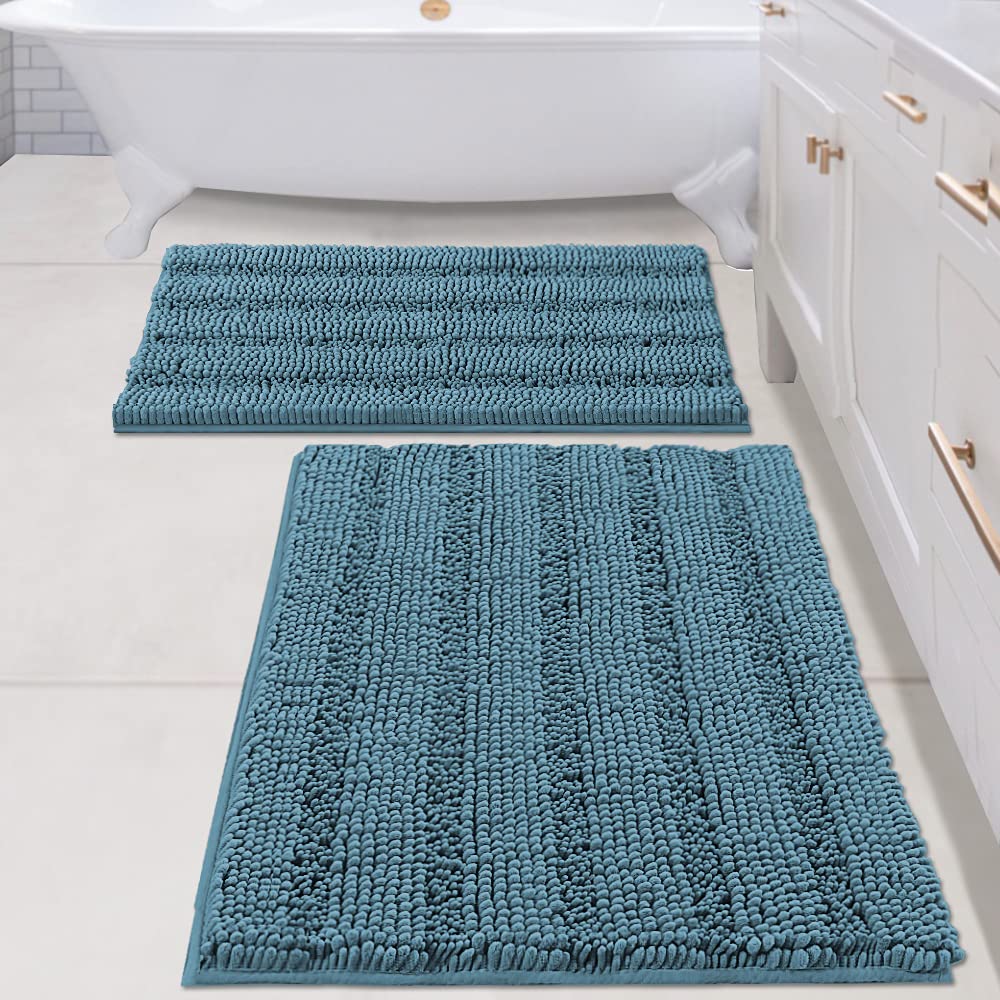 H.VERSAILTEX Grey Bathroom Rug Set Bath Mats, 2 Piece Bath Rugs Non Slip Thick Soft Chenille Striped Bath Rug Set, Bath Mats for Bathroom Sets (Grey, 20" x 32"/17" x 24")