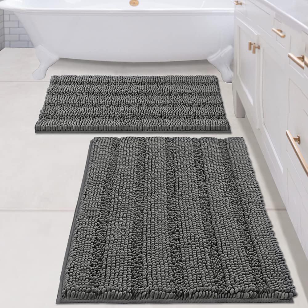 H.VERSAILTEX Grey Bathroom Rug Set Bath Mats, 2 Piece Bath Rugs Non Slip Thick Soft Chenille Striped Bath Rug Set, Bath Mats for Bathroom Sets (Grey, 20" x 32"/17" x 24")