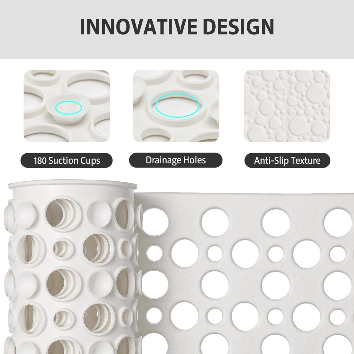 XIYUNTE Shower Mat Non Slip Bath Mat for Tub - 35" x 16" Soft TPE Bathtub Mat Non Slip Shower Mats for Inside Shower, Anti Slip Shower Mat with Suction Cups, Quick-Drying Bath Tub Mat, White