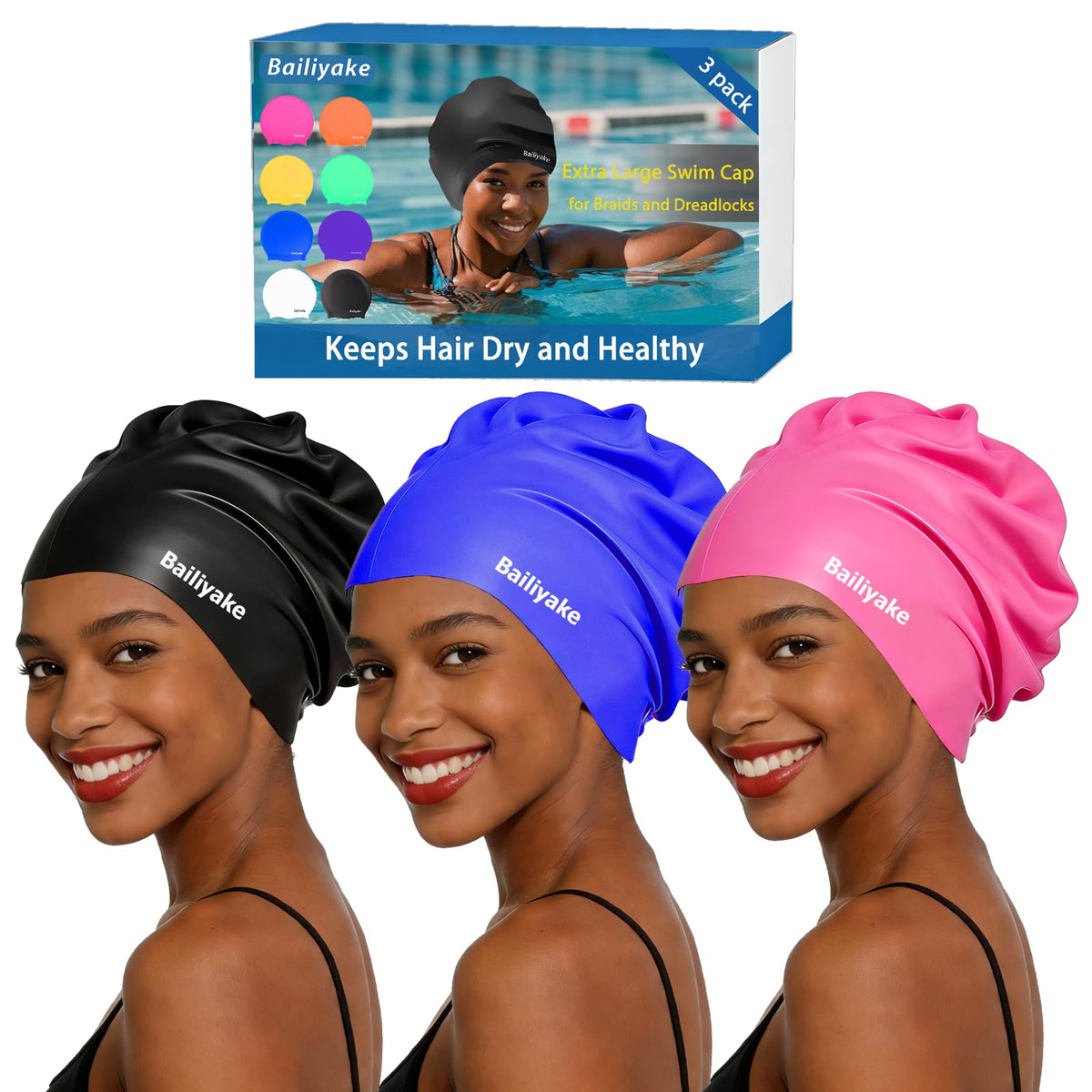 3 Pack Extra Large Swim Cap for Braids & Dreadlocks - Waterproof Silicone Swim Hat for Women with Long Thick Hair, Protective Swim Cap Cover Ears for Swimming, Shower, Bathing