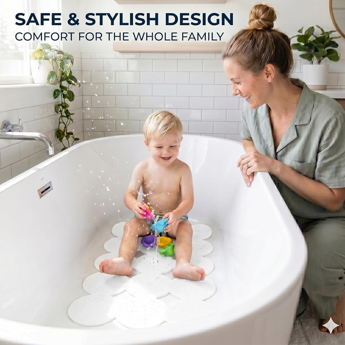 Webos Patented Non Slip Bathtub Mat Shower Bath Mats with Strong Suction Cups Superior Grip&Drainage Soft Heavy Duty Natural Rubber Bath Mat for Inside The tub (White, 28x16 inch)