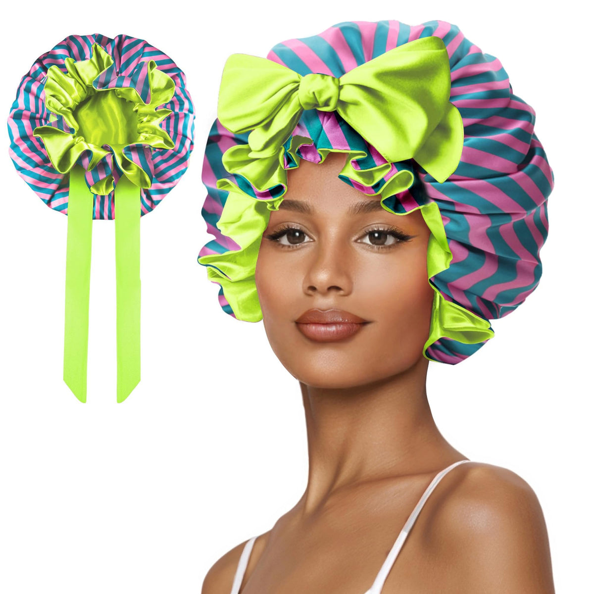 Silk Bonnet for Sleeping Women, Satin Hair Shower Cap 2025 Tie Band Adjustable Straps Head Wrap for Curly Hair Strawberries F