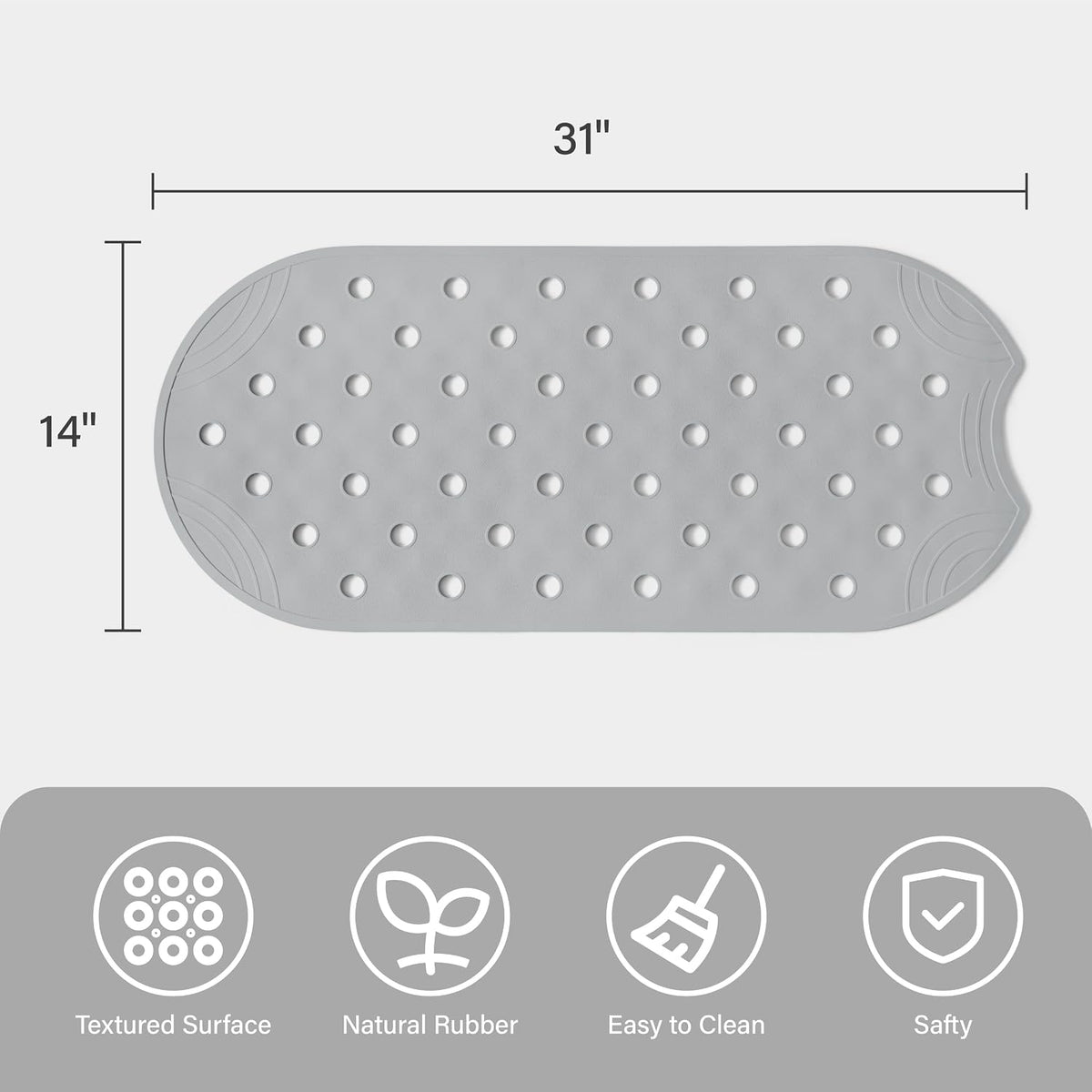 Rubber Bathtub Mat Shower Mat Non-Slip, 31x14 Inch, Bath Tub Floor Mat with Suction Cups and Drainage Holes, Grey