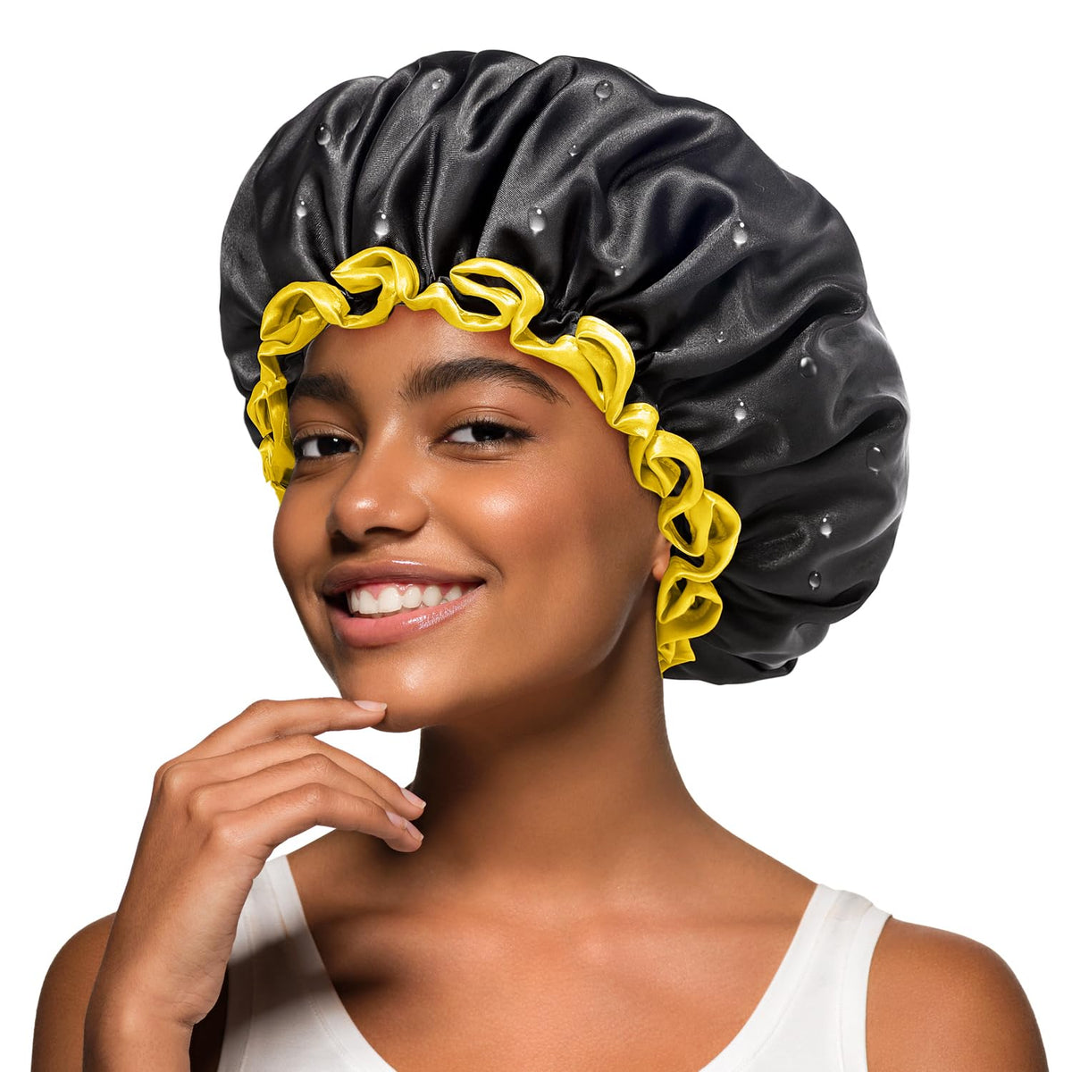 mikimini Extra Large Black Shower Caps Pack of 2 for Women and Men Thick Long Hair Braids, Reusable Waterproof Double Layers XL Bathing Hair Cap with Vibrant Orange Edge (Black)